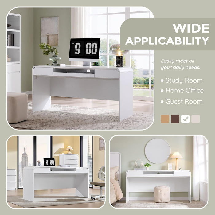 63" Modern Computer Desk with 2 Drawers, Wood Curved Executive Desk with Keyboard Tray & Power Outlet, Writing Desks with Storage for Home Office, Study Room, Living Room (White)