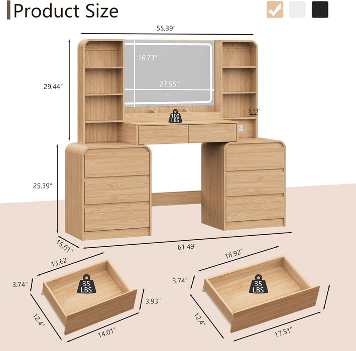 Large 62'' Makeup Vanity Desk with Mirror and Lights,Charging Station | Vanity with 8 Drawers, 6 Shelves, Smart LED Mirror, 3 Light Modes, Charging Hub, Stable Base, Spacious Storage
