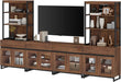 Modern TV Stand with 3 Tiers Bookshelf, Farmhouse Entertainment Center with 4 Drawers and Adjustable Shelf, Wooden Media TV Console with Glass Doors for Living Room, Brown