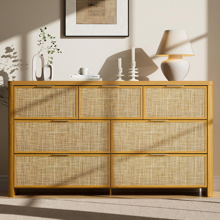 Rattan 7 Drawer Dresser for Bedroom,55" Wide,Natural Oak,Modern Chest of Drawers with 7 Large Storage Space and Curved Edge Design, 7 Drawer Large Dresser for Bedroom