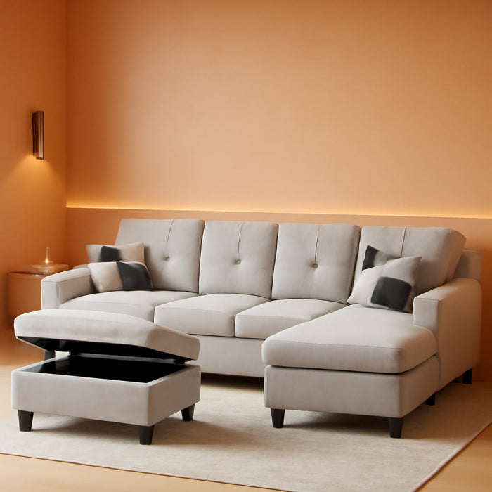 L-Shaped 3-Piece Flannel Sofa with Storage Ottoman Set, Sectional Couch Sofa Set for Living Room, Office, Small Space, Light Grey