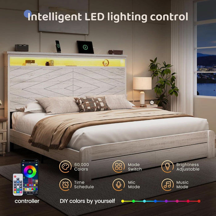 Queen Size Bed Frame with 2 Storage Drawers and Headboard Wooden Platform Bed Frame with LED Lights and Charging Station Easy Assembly/No Box Spring Needed/White
