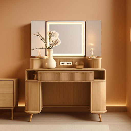 48 in Fluted Makeup Vanity Desk, Large Lighted Corner Vanity with HD Triple Mirror and Lights, Dressing Table with Glass Top & Charging Station for Bedroom