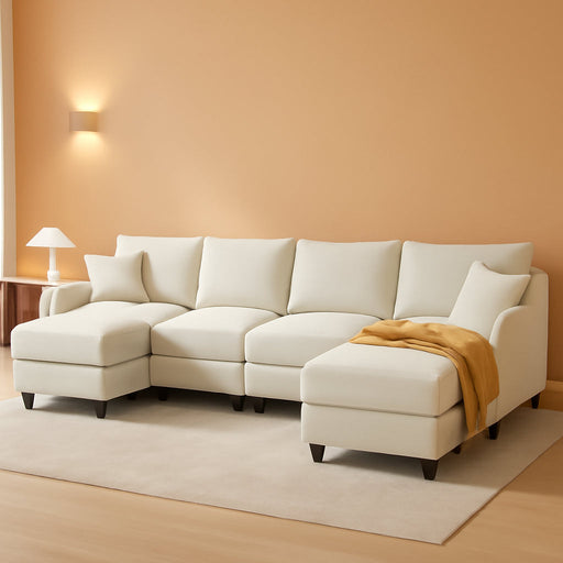 112-Inch Modular U-Shaped Sectional Beige Sofa Ottomans