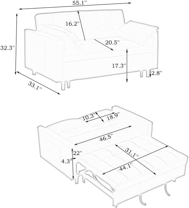 3 in 1 Convertible Sleeper Sofa Bed, Futon Couches for Living Room with Side Pocket | Adjustable Backrest| Corduroy Fabric | Pull Out Couch | Recliner Loveseat | Sectional Sofa, Creamywhite