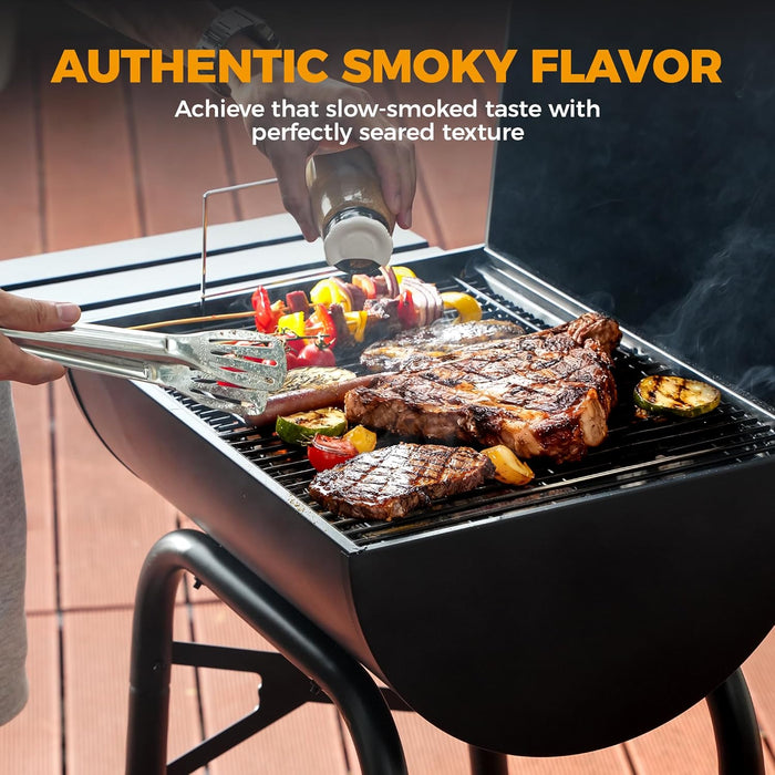 Barrel Style Charcoal Grill with Side Table, Adjustable Charcoal Rack, Air Vent and Warming Rack, Smoke Bbq Grill for Outdoor Patio Backyard and Camping