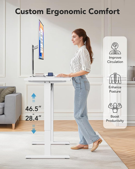 Electric Small Standing Desk, 35" X 20" Whole Piece Desktop, Adjustable Height Computer Desk, 4 Height Memory Settings, Sit Stand up Desk for Home Office, White