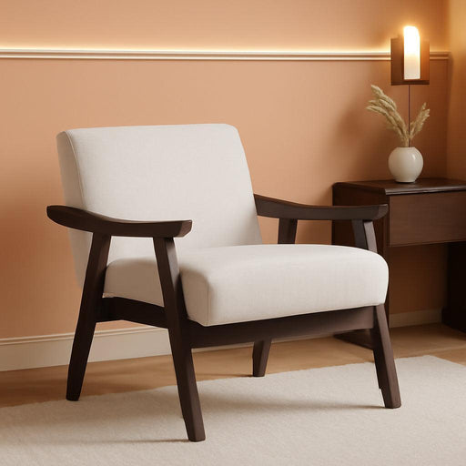Accent Chair, Mid Century Modern Chair with Solid Wood Armrest, Comfy Upholstered Reading Armchair for Living Room, Bedroom, Balcony (Brown Curved Armrests, Beige)