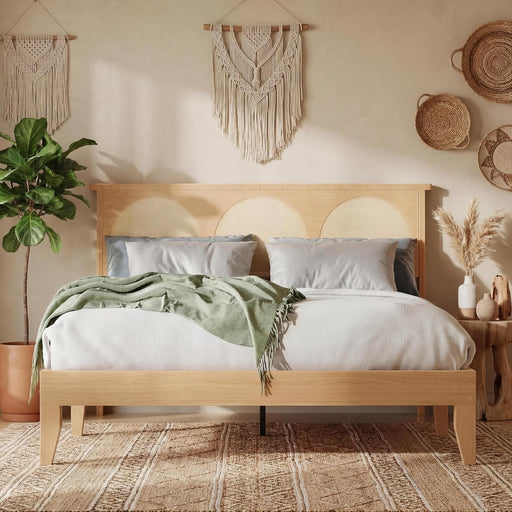 Rattan Bed Frame with Headboard, Wooden Platform Bed Frame Queen Size with Smart RGB LED Storage Headboard, Boho Wood Bed Frame No Box Spring Needed, under Bed Storage, Easy Assembly