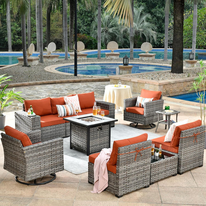 10 Pieces Patio Furniture Set, Outdoor Wicker Sectional Sofa with 30" Fire Pit Table Swivel Chairs, Modern Modular Deep Seat Rattan Couch Conversation Sets, Orange Red