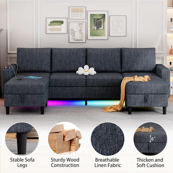 Sectional Couches for Living Room, 4 Seat Linen Sectional Sofa with Reversible Chaise Lounge/Storage Ottoman, U Shaped Couch with Smart Module-Wireless Charging/Usb/Type-C/Rgb Light (Blue)