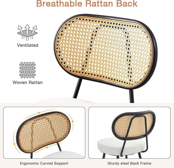 Bar Stools Set of 3, 26" Counter Height Barstools with Rattan Back and Metal Legs, Upholstered Faux Leather Bar Chairs for Kitchen Island, Home Bar, Beige