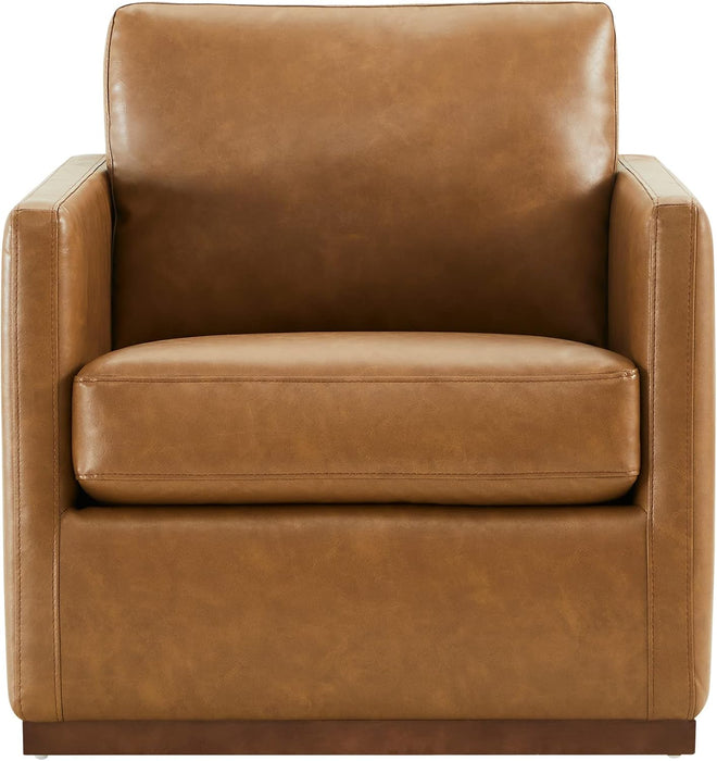 Swivel Accent Chair, Faux Leather FSC Certified Mid Century Modern Arm Chair for Living Room and Bedroom, Fully Assembled, Saddle Brown