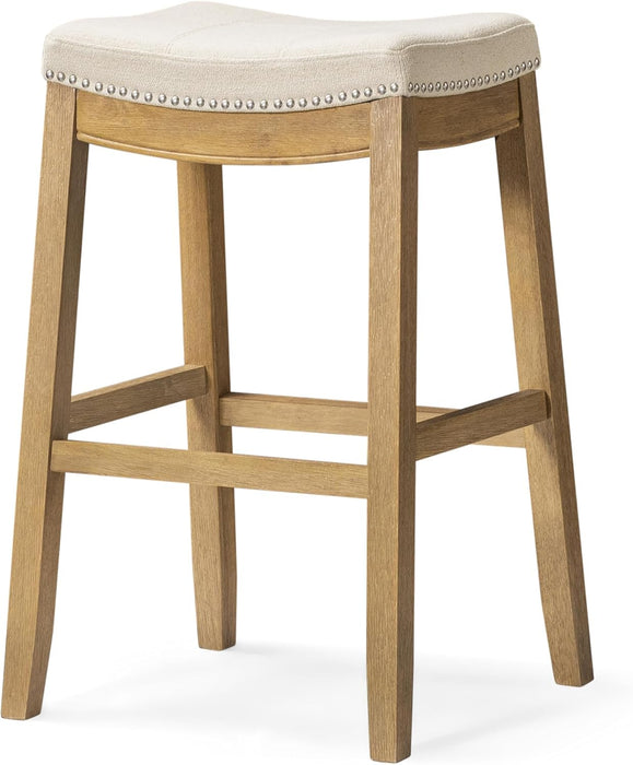 31" Sophia Backless Bar Stool - Handcrafted Plush Upholstered Saddle Seat with Six-Panel Stitching & Nailhead Trim - Space Saving Wood Barstool in Aged Natural Finish W/Light Beige Fabric