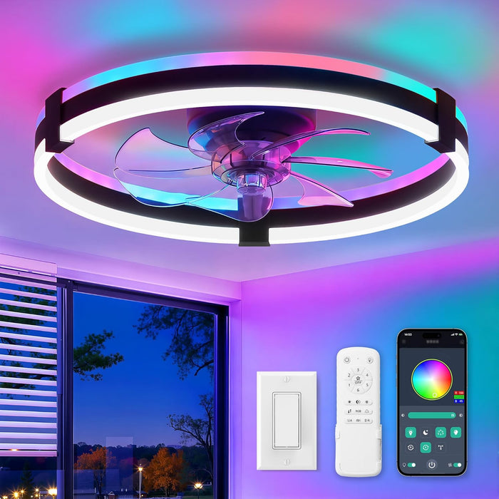 RGB Ceiling Fans with Lights and Remote, 20 Inch Low Profile Ceiling Fan with Light, 3000K-6000K Dimmable & RGB, Modern Fandelier Flush Mount Ceiling Fan, Small LED Fan for Bedroom