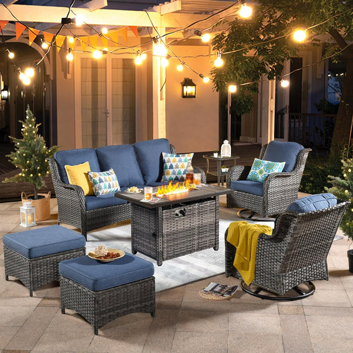 7-Pieces Patio Furniture Set with 42 Inch Fire Pit Table Swivel Chairs, Outdoor Wicker Sofa Couch Gliders Rocker, Modern High Back Conversation Set, Grey Rattan, Denim Blue