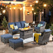7-Pieces Patio Furniture Set with 42 Inch Fire Pit Table Swivel Chairs, Outdoor Wicker Sofa Couch Gliders Rocker, Modern High Back Conversation Set, Grey Rattan, Denim Blue