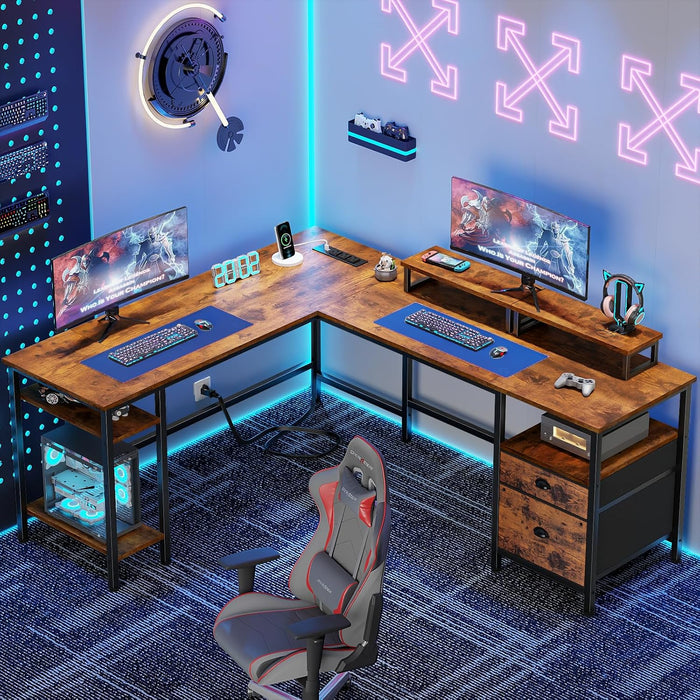 Industrial Grade Ultra Rustic Brown FiftyNineInch LShapedDeskPowerOutlet