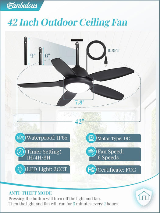 42 Inch Waterproof Outdoor Ceiling Fan Illuminated
