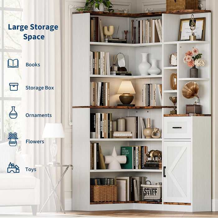 74'' Tall Corner Bookshelf - 6-Tier Book Shelf with Drawer and Cabinets, L-Shaped Bookcase Open Storage Shelves Modern Display Shelf for Home, Office