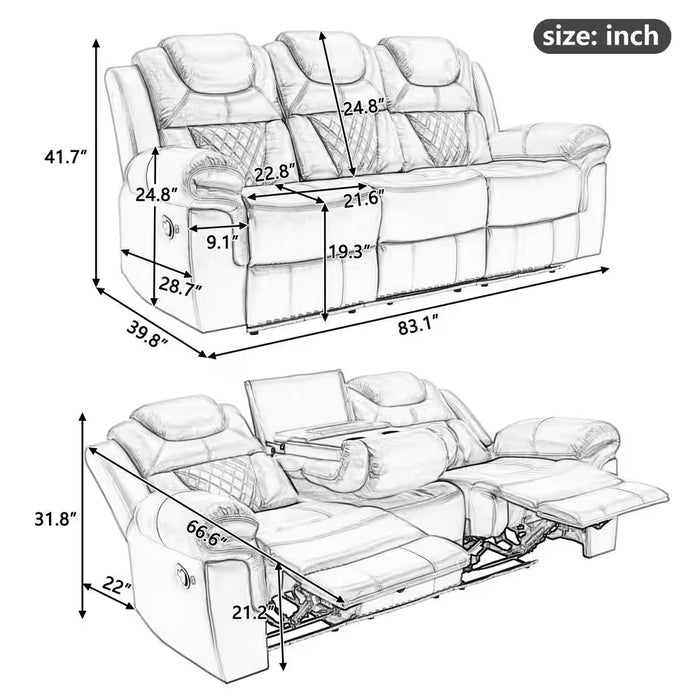 83.1 in Flared Arm Faux Leather Rectangle Manual Recliner 3-Seat Sofa In. Brown with Center Console and LED Light Strip