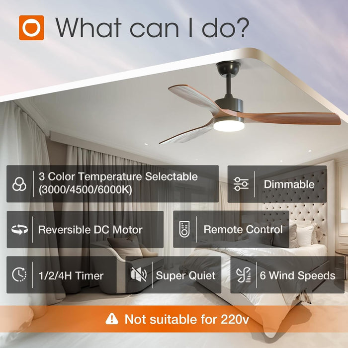 52 Inch Ceiling Fans with Lights and Remote Control, Reversible, 3 Wood Blades, 6 Speeds, 3CCT Dimmable, Noiseless, Indoor/Outdoor Black Walnut Ceiling Fan for Bedroom Living Room Gazebo Patio