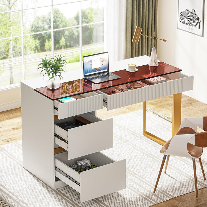 Computer Desk with 4 Drawers, 47 Inch Modern Home Office Desk with Glass Top, White and Gold Writing Workstation Desk with Storage