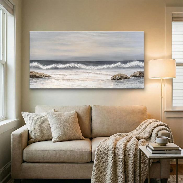 Coastal Seascape Canvas Wall Art, Neutral Blue Grey Ocean Waves Wrapped Canvas Print, Large Horizontal Wall Decor for Living Room above Sofa, Ready to Hang, 48 X 24 Inch