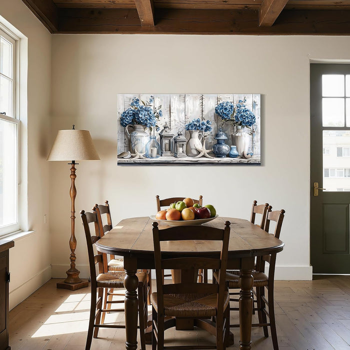 Floral Wall Art, Large Wall Art, Rustic Wall Decor, Nautical Still Life Art Prints, Blue Hydrangea Canvas Pictures, Grey Paintings for Living Room Bedroom Bathroom Kitchen Farmhouse 20"X40"