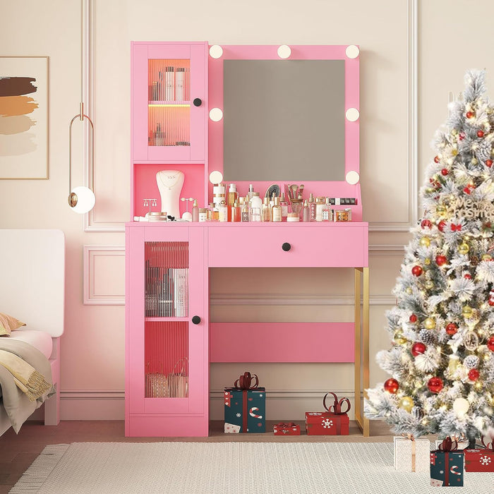 Makeup Vanity Desk with Mirror and Lights, Vanity Table with Charging Station, 2 Open Compartments, 2 Acrylic-Door Cabinets, and RGB Lights Wood Dressing Table for Bedroom