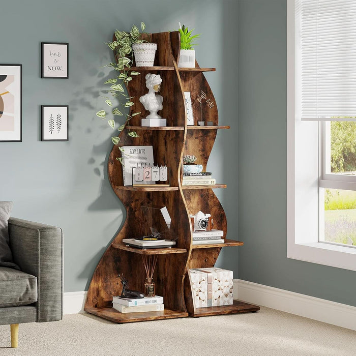 Corner Shelf, Rustic 5-Tier Wall Corner Bookshelf, Stylish Corner Small Bookcase Storage Rack Plant Stand with Unique Shape for Living Room, Home Office (1PC, Brown)
