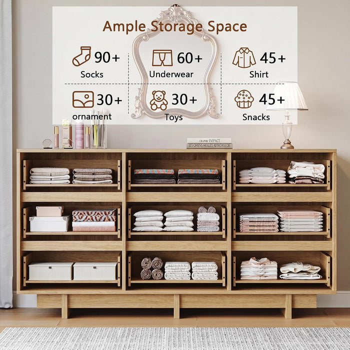 Oak Dresser for Bedroom, 59In Modern 9 Drawer Chest of Drawers