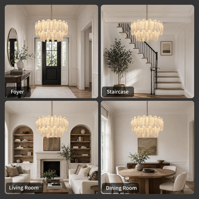 Alabaster Chandelier, 24" Spanish Alabaster round Chandeliers 2-Tier,Modern Adjustable Gold Marble Pendant Chandeliers for Dining Room, Living Room, Bedroom,Foyer,Bathroom, Included E12 Bulb