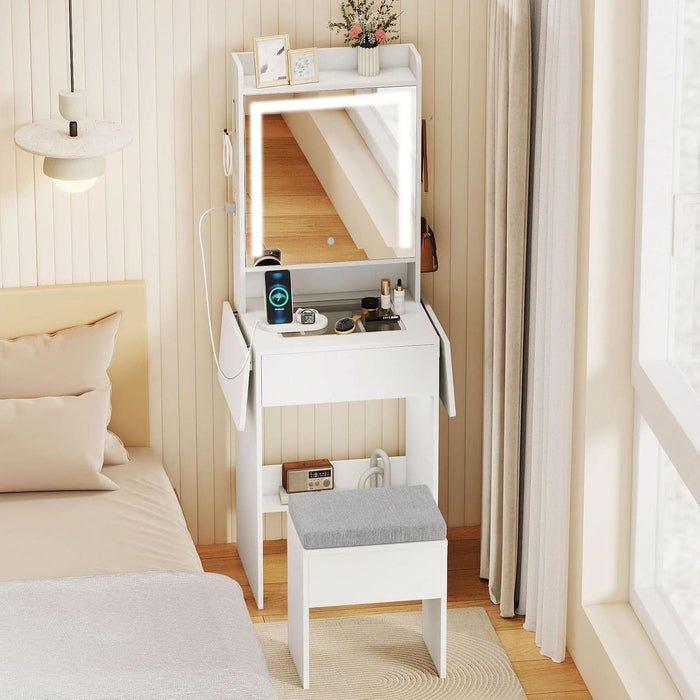 20'' Girls Vanity Desk with Lighted Mirror & Charging Station, Glass Top Makeup Table with Fold-Up Side Panels, Mirrored Cabinet, Drawer & Storage Stool for Bedroom Small Place (White)