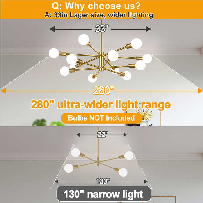 Height Adjustable Brushed Gold 12 Light Chandeliers