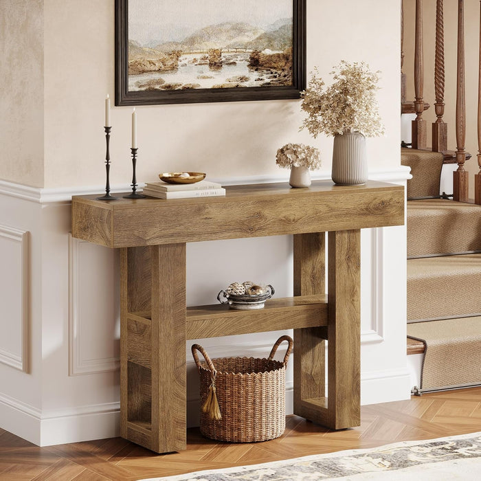 41.34-Inch Farmhouse Console Table, 2-Tier Narrow Sofa Table behind the Couch, Entryway Furniture with Storage Shelves for Hallway Foyer Living Room, Light Brown