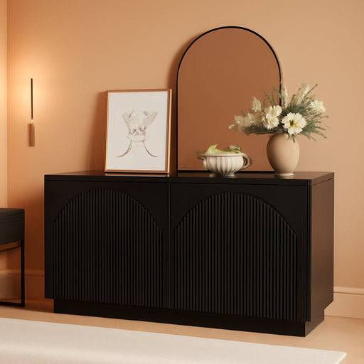 55" Fluted Sideboard Buffet Cabinet with Storage, Wood Mid Century Modern Credenza Cabinet W/Arched Reeded Doors & Adjustable Shelves for Kitchen, Living Room, Entryway, Black