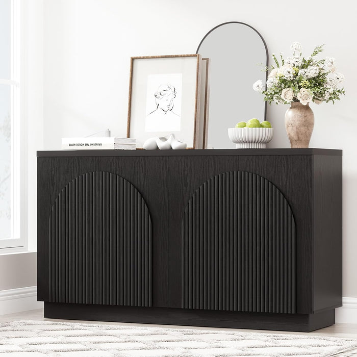 55" Fluted Sideboard Buffet Cabinet with Storage, Wood Mid Century Modern Credenza Cabinet W/Arched Reeded Doors & Adjustable Shelves for Kitchen, Living Room, Entryway, Black