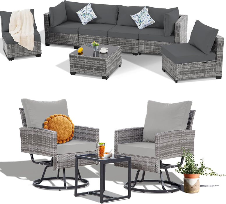 10 Pieces Outdoor Patio Furniture Set with Swivel Chairs, Wicker Sectional Sofa Set Rattan Modular Patio Conversation with Cushions Couch & Coffee Table for Garden, Balcony, Porch, Grey-Grey