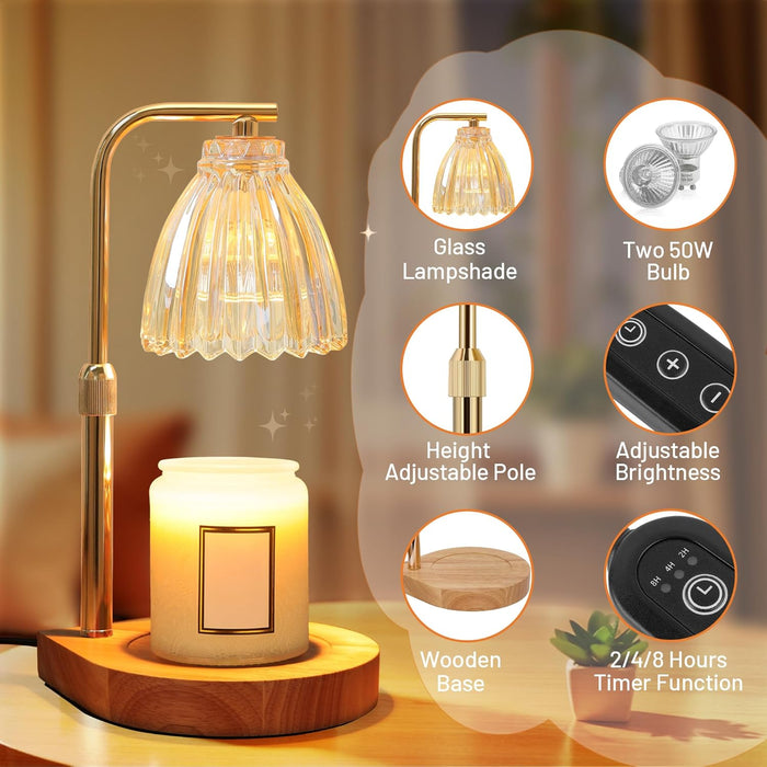 Candle Warmer Lamp with Timer, Dimmable Candle Lamp with Adjustable Height, Birthday Gifts for Women Mom, House Warming Gifts New Home, Candle Lamp Warmer for Jar Candles with 2 Bulbs - Wood