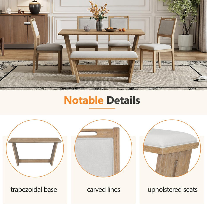 6-Piece Retro Dining Set, 1 Rectangular Table with Stable Trapezoidal Table Base and 4 Upholstered Chairs and 1 Bench for Dining Room and Kitchen, Natural Wood Wash