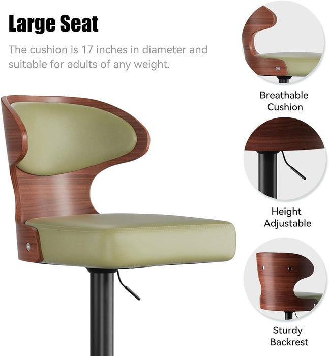 Swivel Bar Stools Set of 4,Adjustable Height Bentwood Barstools | Easy-Clean Faux Leather Upholstered Seat, Back & Footrest, Mid-Century Modern Bar Chair for Kitchen Island, Counter, Green