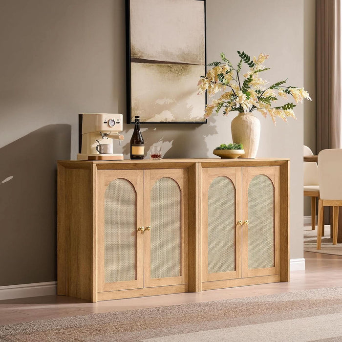 Rattan Arched Door Sideboard Buffet Cabinet, Natural Oak