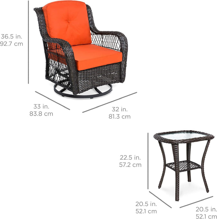 3-Piece Outdoor Wicker Patio Bistro Set W/ 2 360-Degree Swivel Rocking Chairs and Tempered Glass Top Side Table - Rust