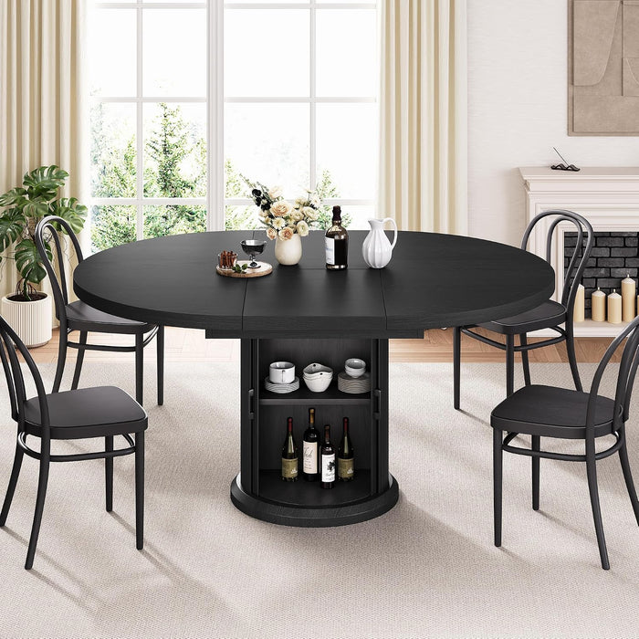 Extendable round Kitchen Dining Room Table for 4-6 with 2-Tier Storage Shelf, 63'' Space Saving Expandable Wood Oval Circle Dinner Furniture with Pedestal Base(Black)