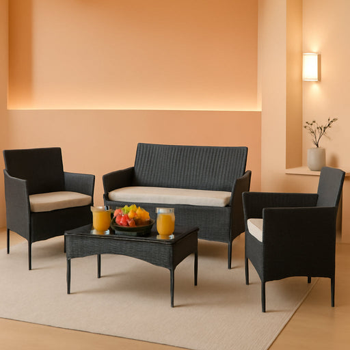 Patio Furniture 4 Pieces Conversation Sets Outdoor Wicker Rattan Chairs Garden Backyard Balcony Porch Poolside Loveseat with Cushion and Glass Table, Black and Beige