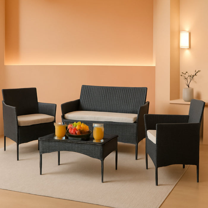Patio Furniture 4 Pieces Conversation Sets Outdoor Wicker Rattan Chairs Garden Backyard Balcony Porch Poolside Loveseat with Cushion and Glass Table, Black and Beige