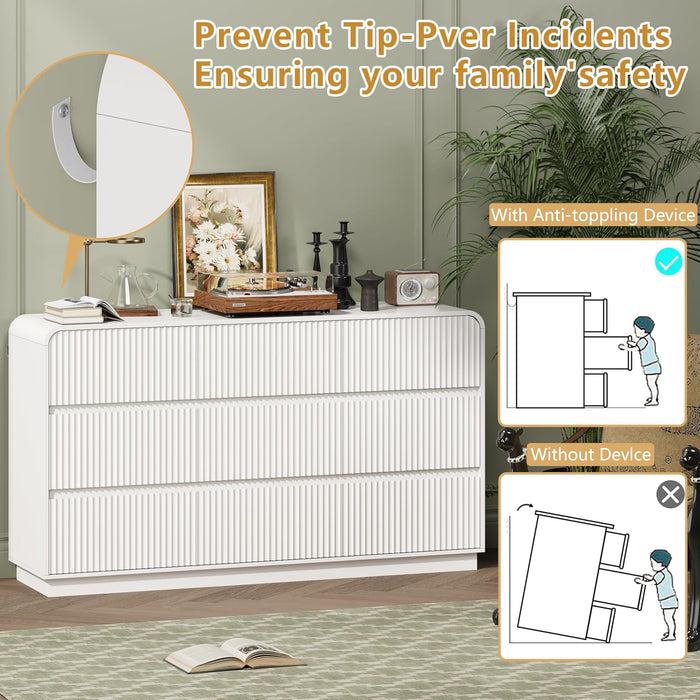 White Dresser Fluted 9 Drawers Dresser for Bedroom, 59" Wide Wood Chest of Drawers with Hidden Handles & Rounded Corners, Modern TV Stand Storage Cabinet for Living Room, Hallway, Entryway