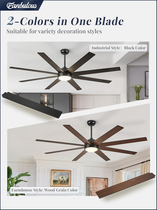 65 Inch Ceiling Fans with Lights and Remote, Black Indoor/Outdoor Ceiling Fan with Quiet Reversible DC Motor, 6 Speeds, 3CCT, 8 Blades Large Ceiling Fan for Living Room Bedroom Patio