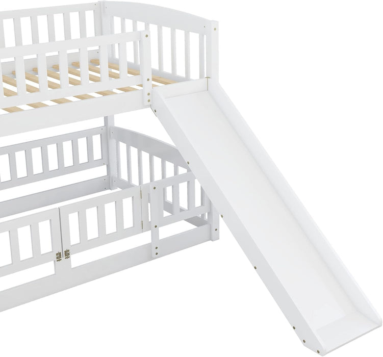 Bunk Bed Twin over Twin with Slide and Stairs, Twin Bunk Bed for Kids, Girls, Boys, Floor Bunk Bed with Fence and Door, White